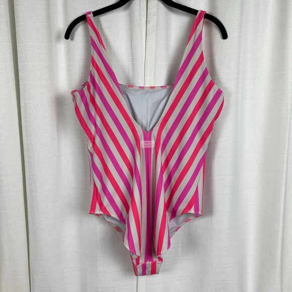 Fabletics White&Pink Stripe Neon Candy Sunset Scoop One Piece Swimsuit Sz.XL - Picture 9 of 16
